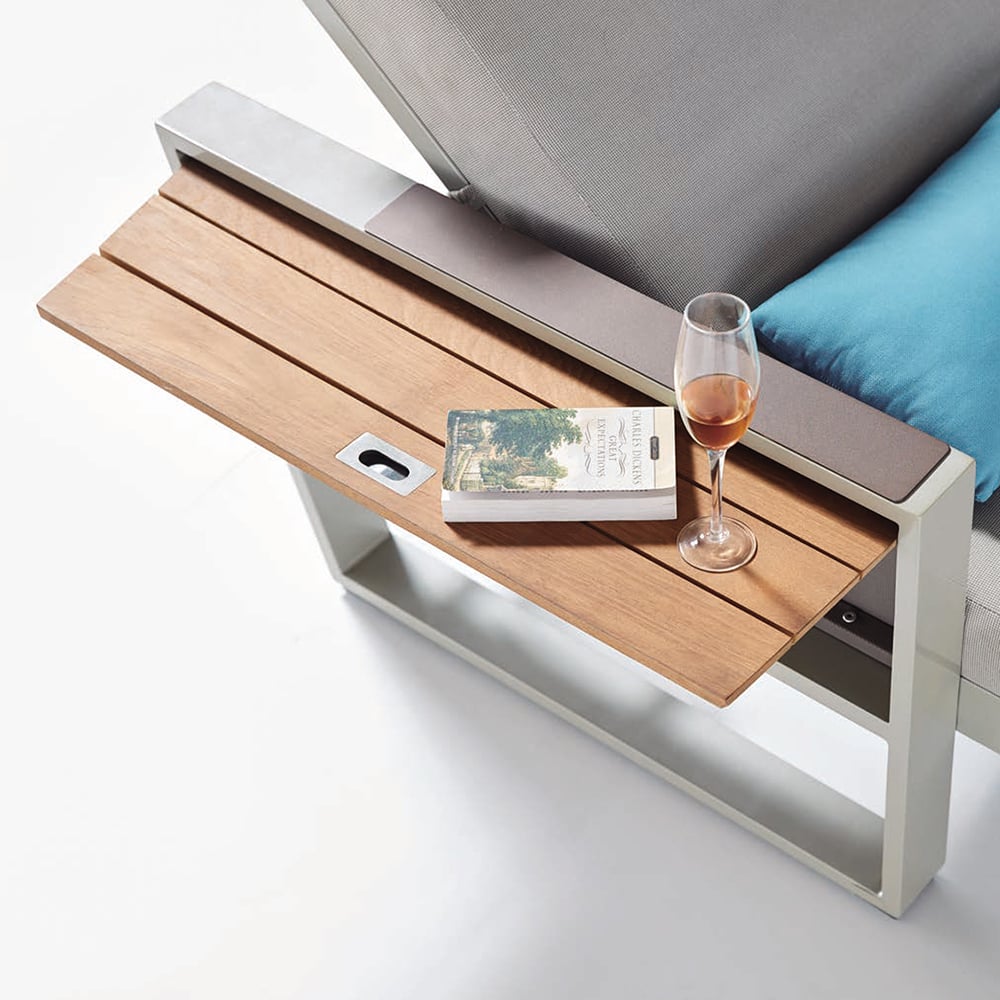 Armchair with Teak Wood Armrest and Foldable Side Shelf window image
