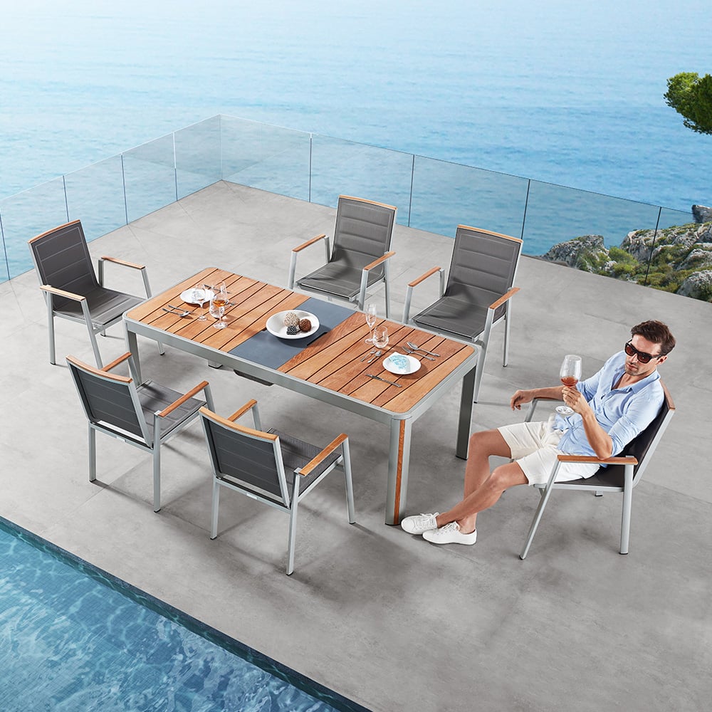 7-Pieces Outdoor Dining Set with Rectangle Teak Wood-Top Table and 6 Side Chairs window image