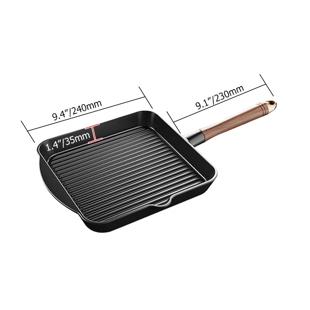 Nonstick Cast Iron Grill Pan Frying Pan with Wooden Handle window image