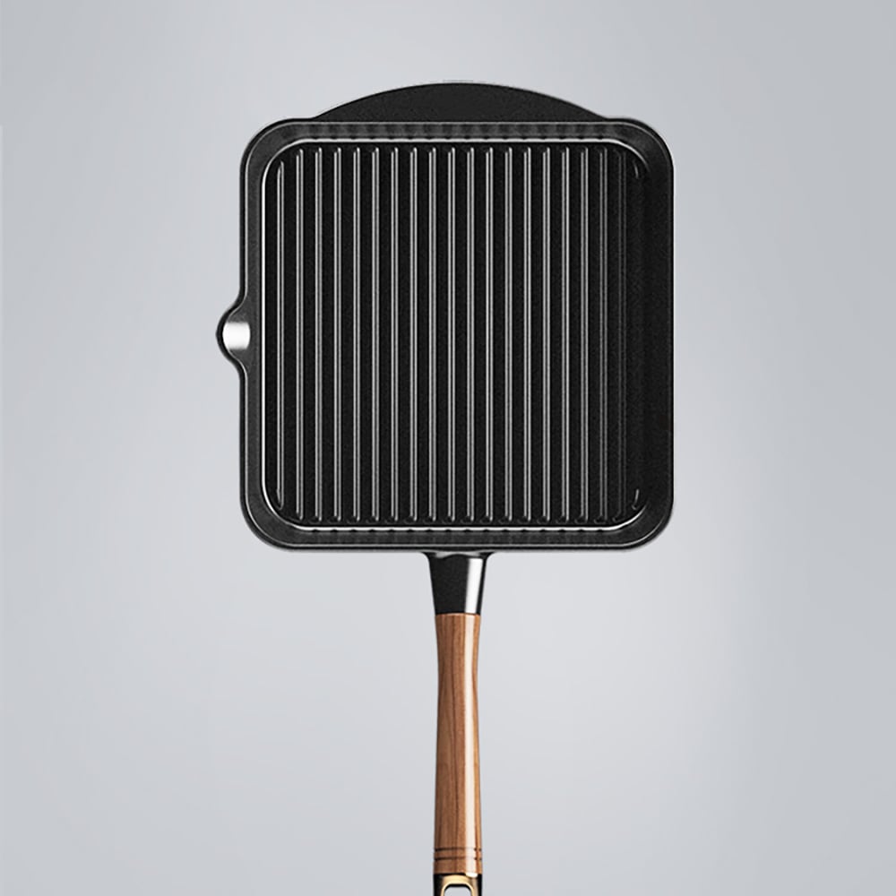 Nonstick Cast Iron Grill Pan Frying Pan with Wooden Handle window image
