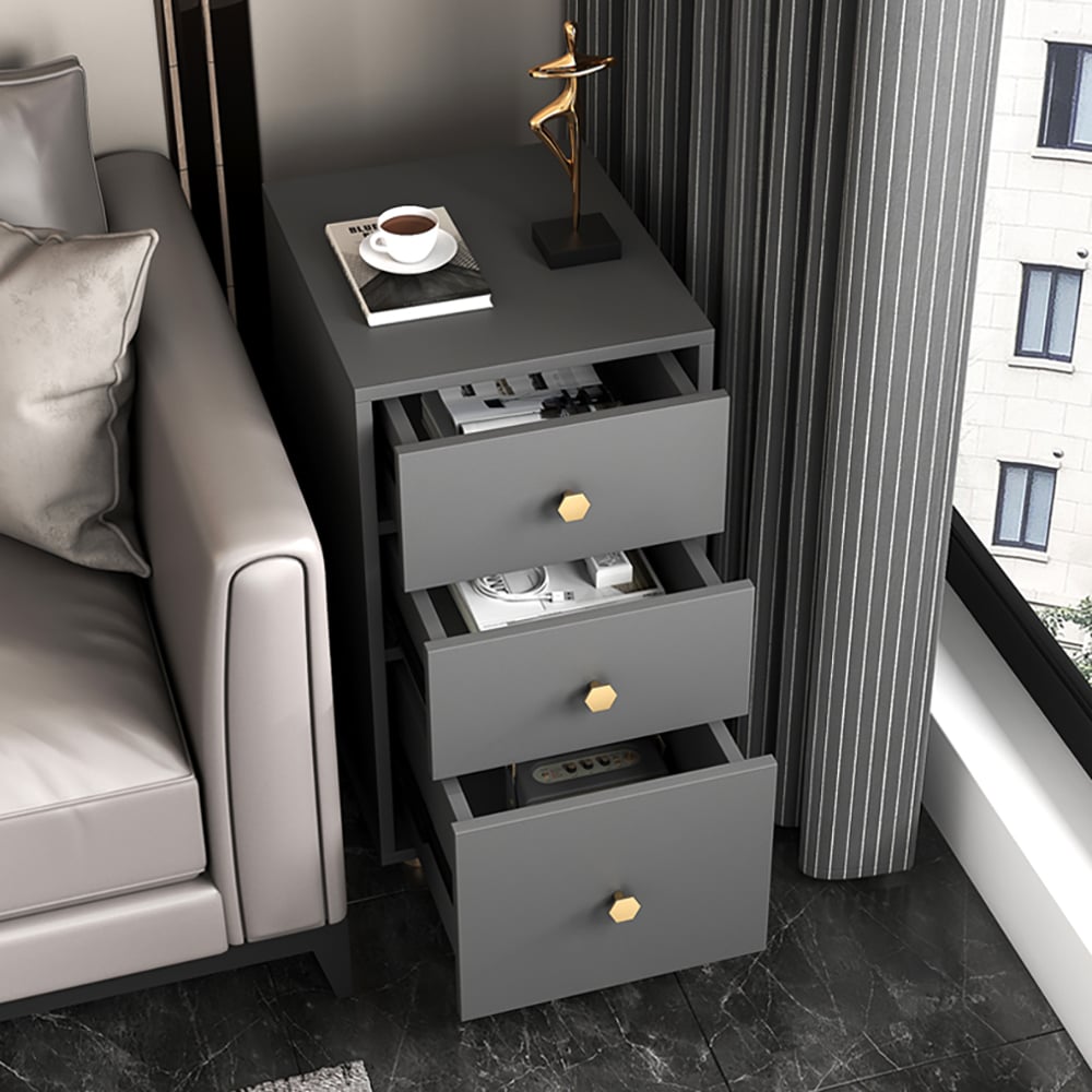 800 mm moderne diepgrijze opberg- en bijzettafel met 3 laden en planken Vensterafbeelding