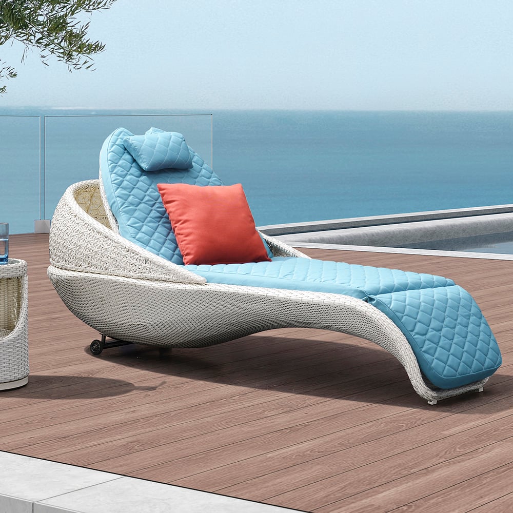 Rattan Woven Patio Chaise Loung Accent Chair with Sky Blue Removable Cushion window image