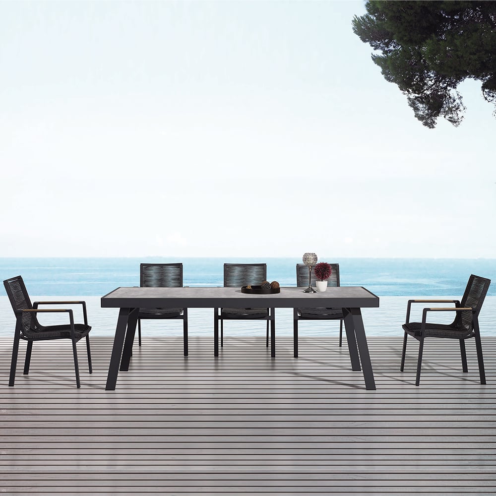 7-Pieces Modern Outdoor Dining Set Glass-top Dining Table and Webbing Chair in Black window image