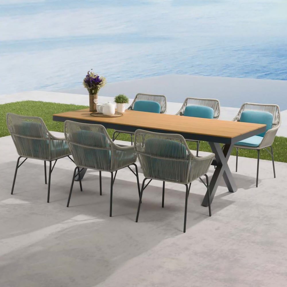 7-Pieces Aluminum Outdoor Dining Set with Webbing Chairs and Cross Legs Dining Table window image