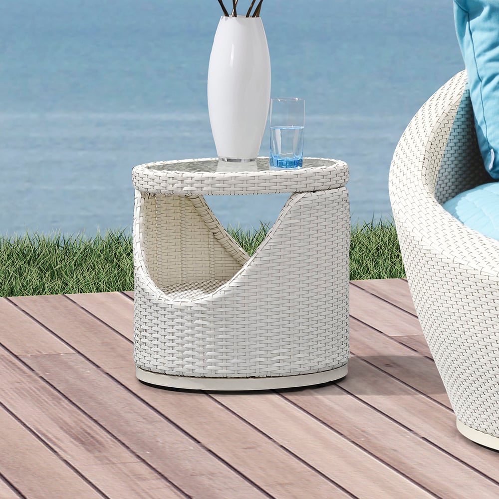 Barrel-Shaped Rattan Woven Round Patio Side Table with Glass-Top window image