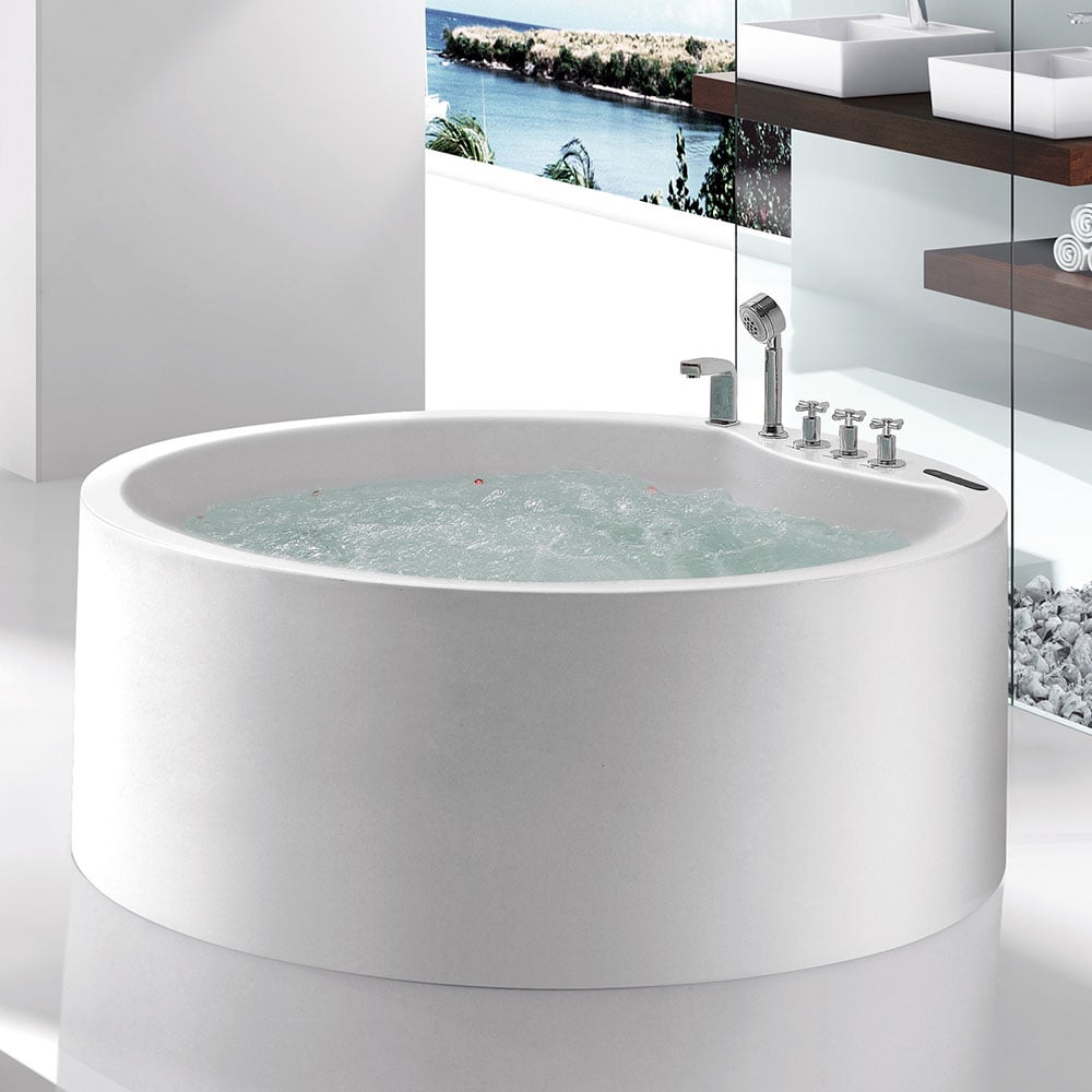 60" LED Acrylic Round Whirlpool Water Massage Freestanding Bathtub in White window image