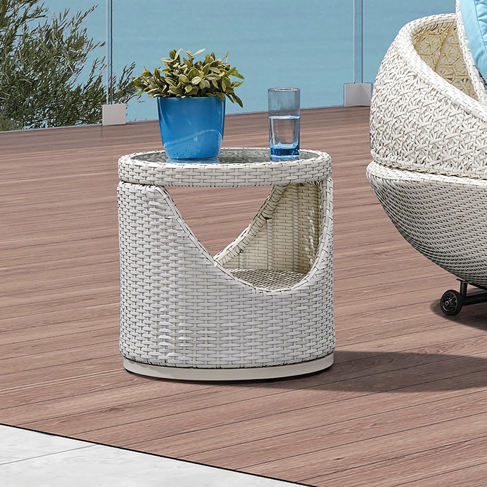 Barrel-Shaped Rattan Woven Round Patio Side Table with Glass-Top window image