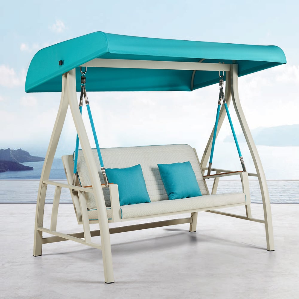Aluminum Outdoor Hanging Chair Sofa with Sky Blue Awning window image