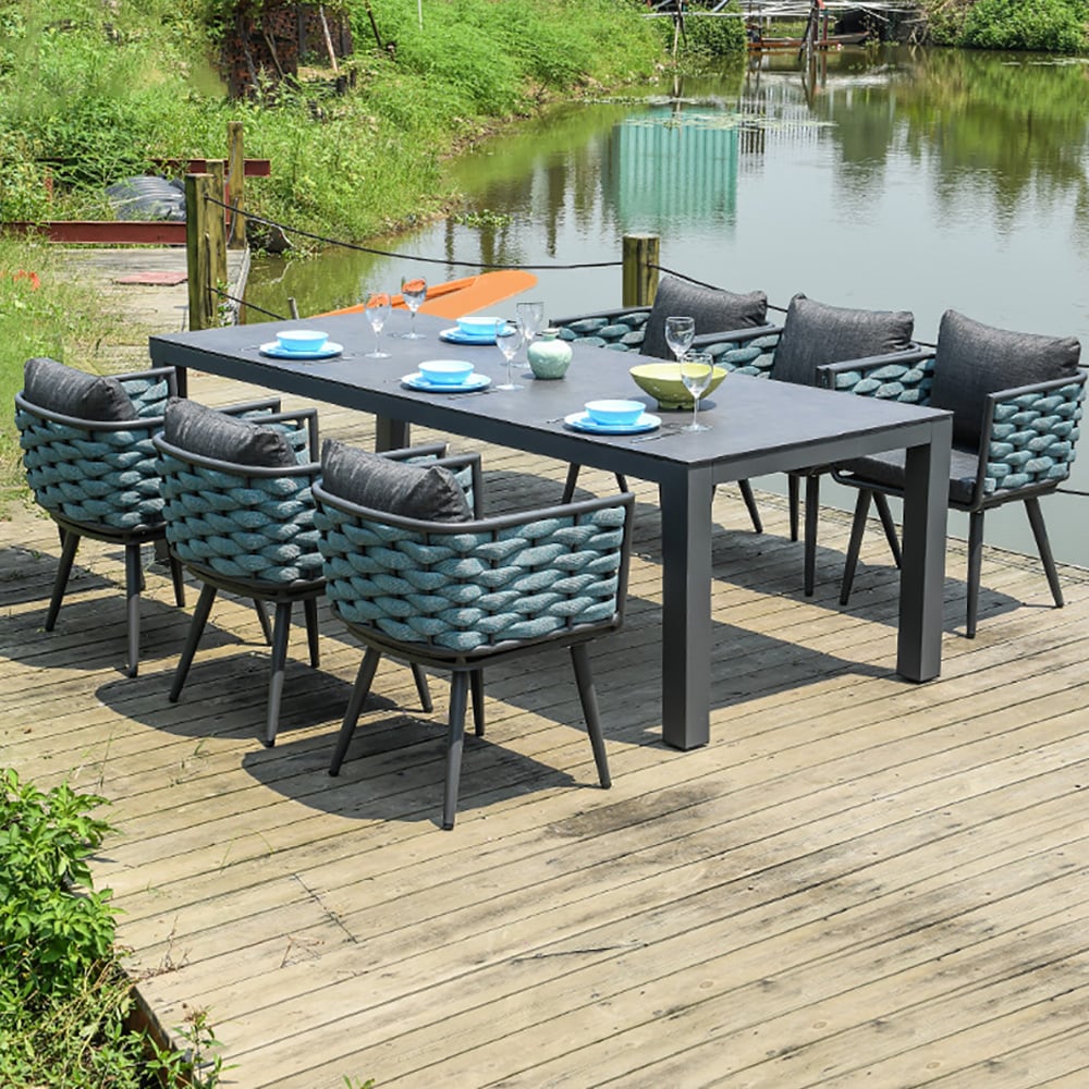 7-Pieces Aluminum Outdoor Dining Set with Webbing Chairs and 4 Legs Dining Table window image