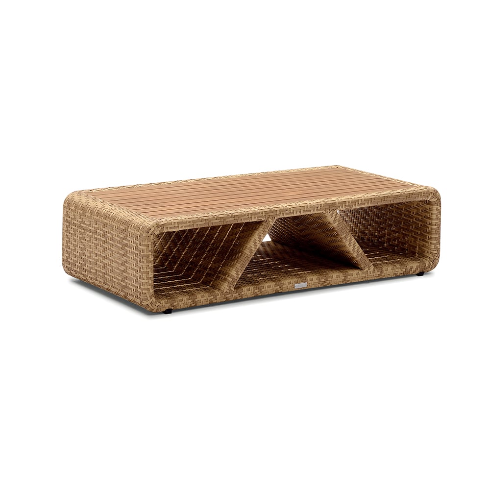 PE Rattan Woven Outdoor Coffee Table with Teak Wood-Top Extra Storage Design window image