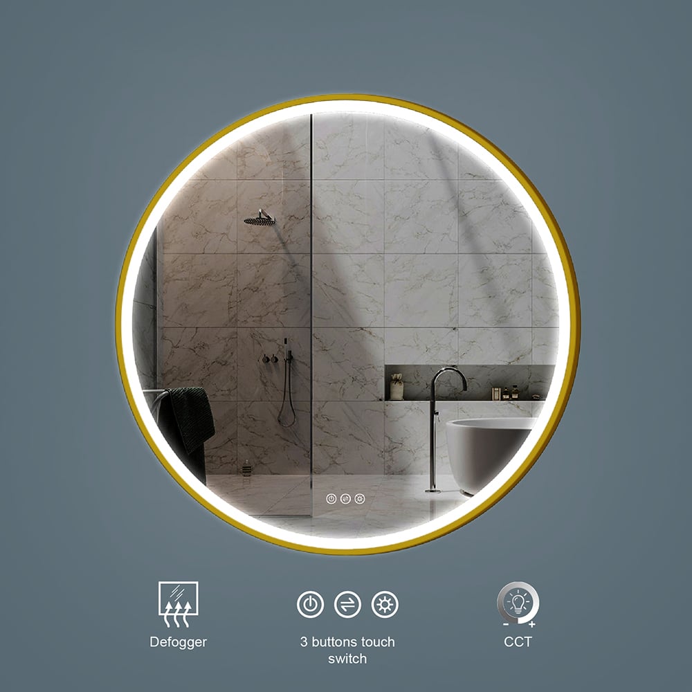 20" Gold Frame Round LED Bathroom Wall Mirror Acrylic Anti-Fog window image