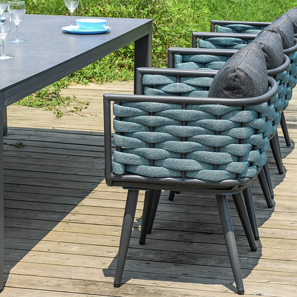 7-Pieces Aluminum Outdoor Dining Set with Webbing Chairs and 4 Legs Dining Table window image