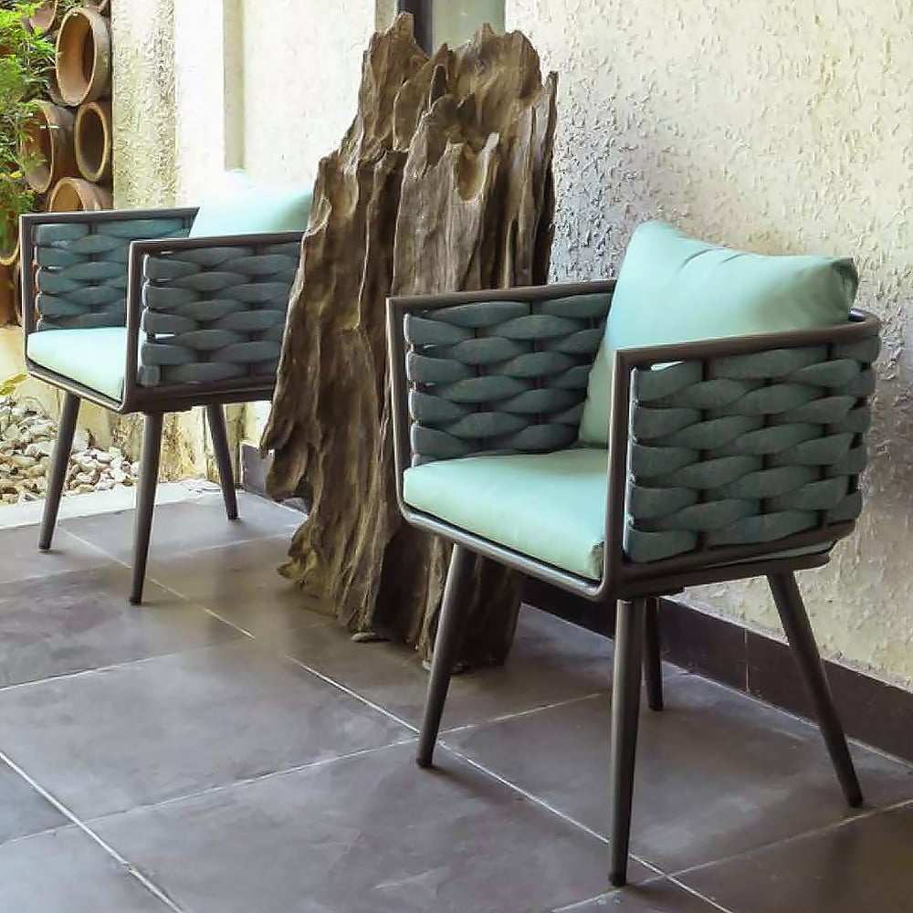 7-Pieces Aluminum Outdoor Dining Set with Webbing Chairs and 4 Legs Dining Table window image