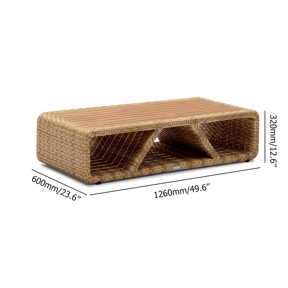 PE Rattan Woven Outdoor Coffee Table with Teak Wood-Top Extra Storage Design window image