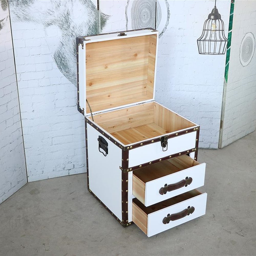 Industrial White Nightstand Flip Top Nailheads Accent PU Leather Cabinet with 2 Drawers window image