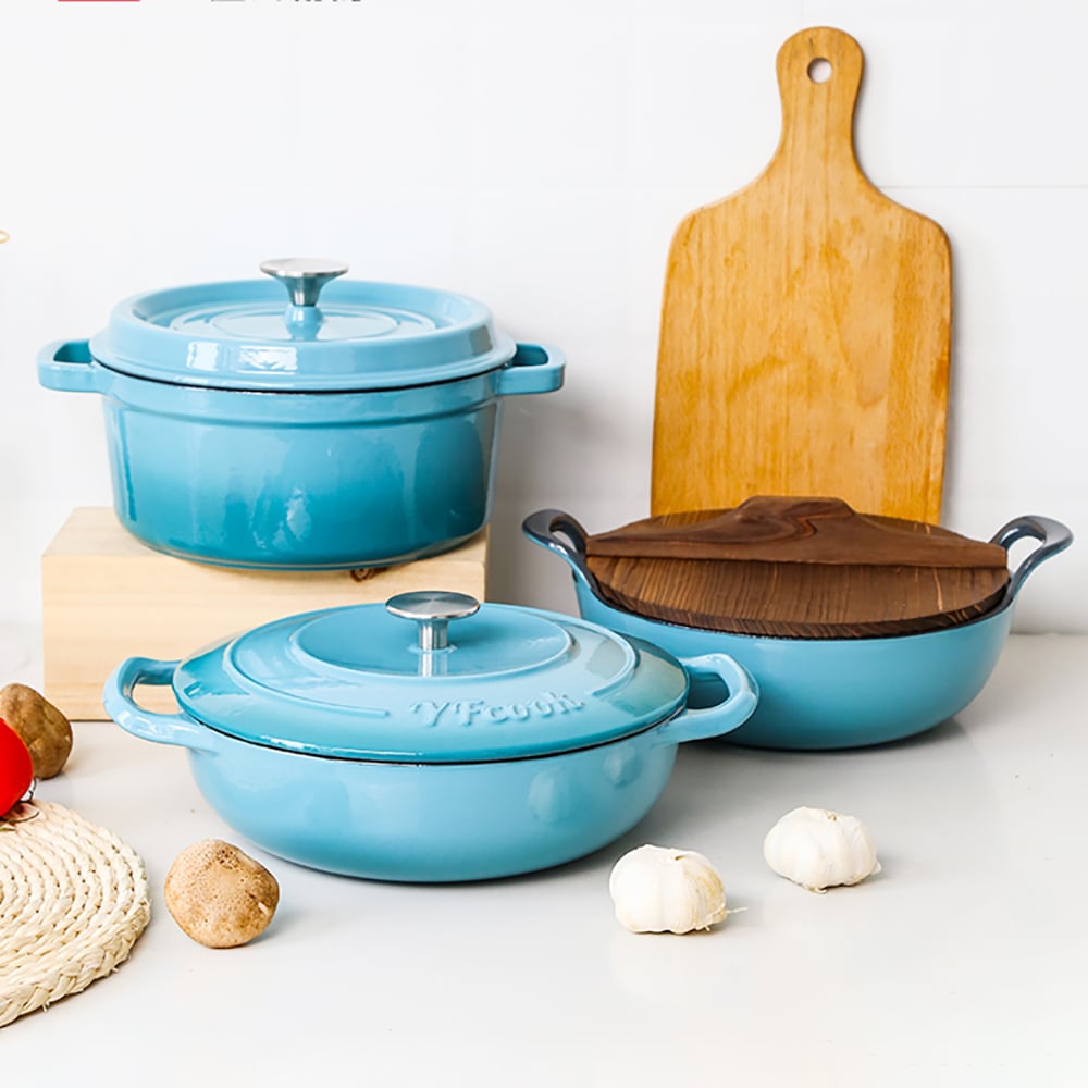 Marmite à ragoût antiadhésive en fonte avec couvercle en bois naturel image de fenêtre