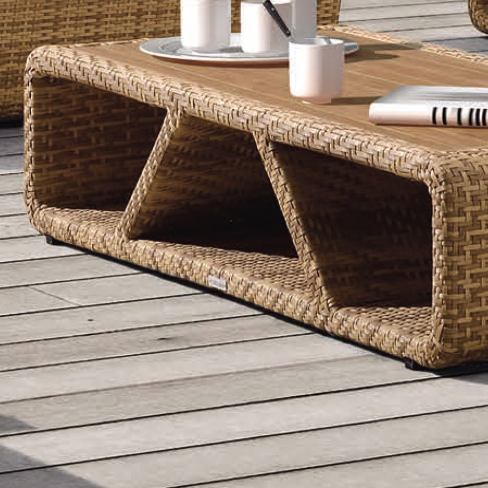 PE Rattan Woven Outdoor Coffee Table with Teak Wood-Top Extra Storage Design window image