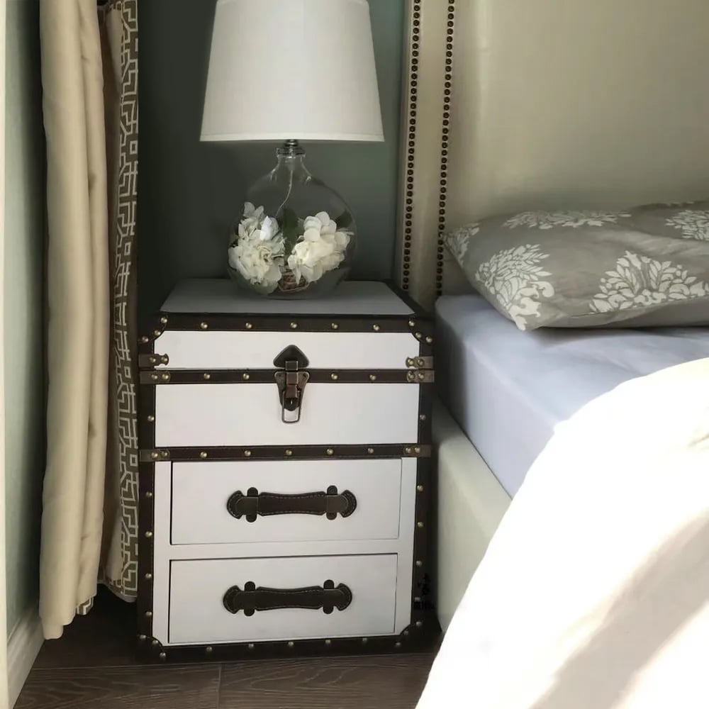 Industrial White Nightstand Flip Top Nailheads Accent PU Leather Cabinet with 2 Drawers window image