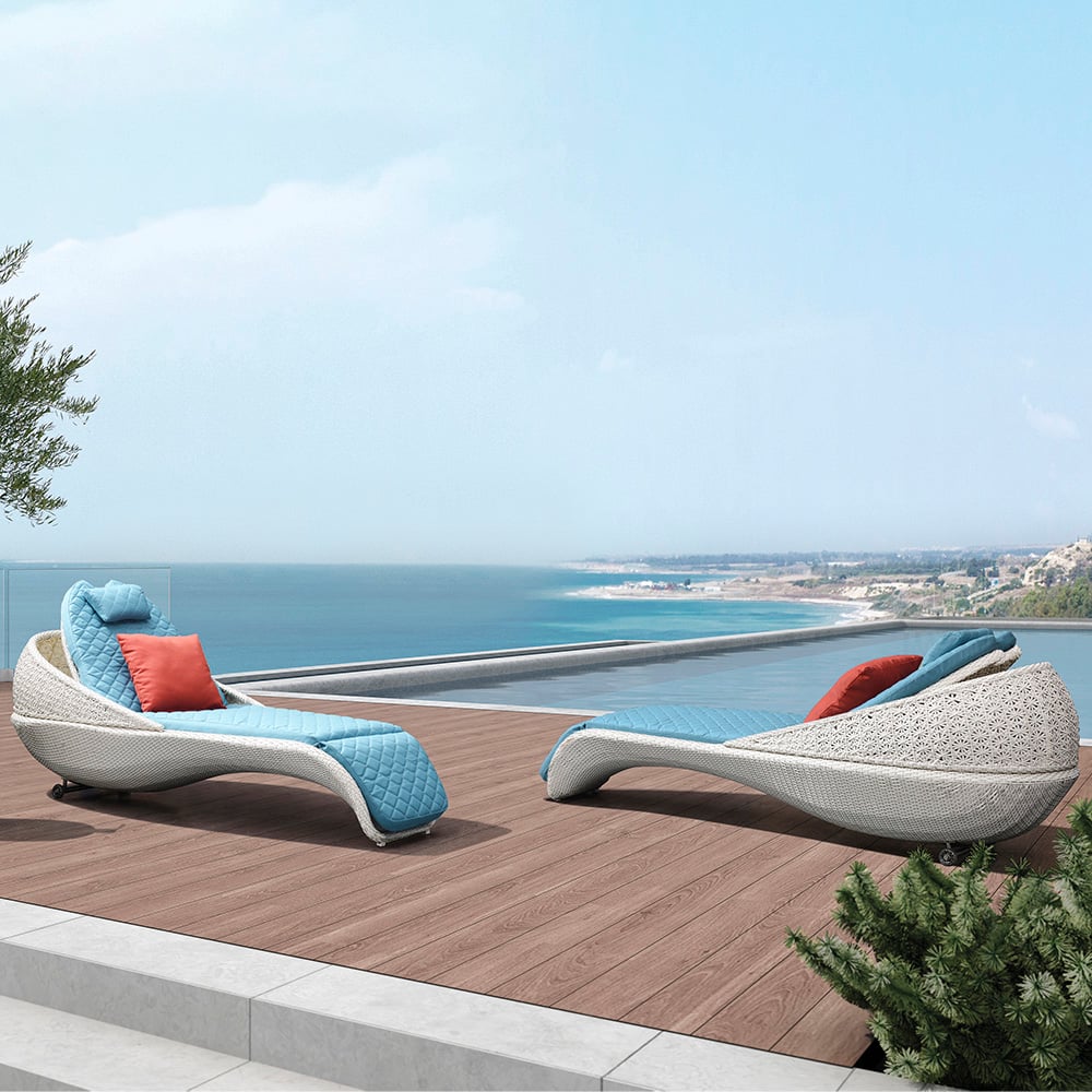 Rattan Woven Patio Chaise Loung Accent Chair with Sky Blue Removable Cushion window image