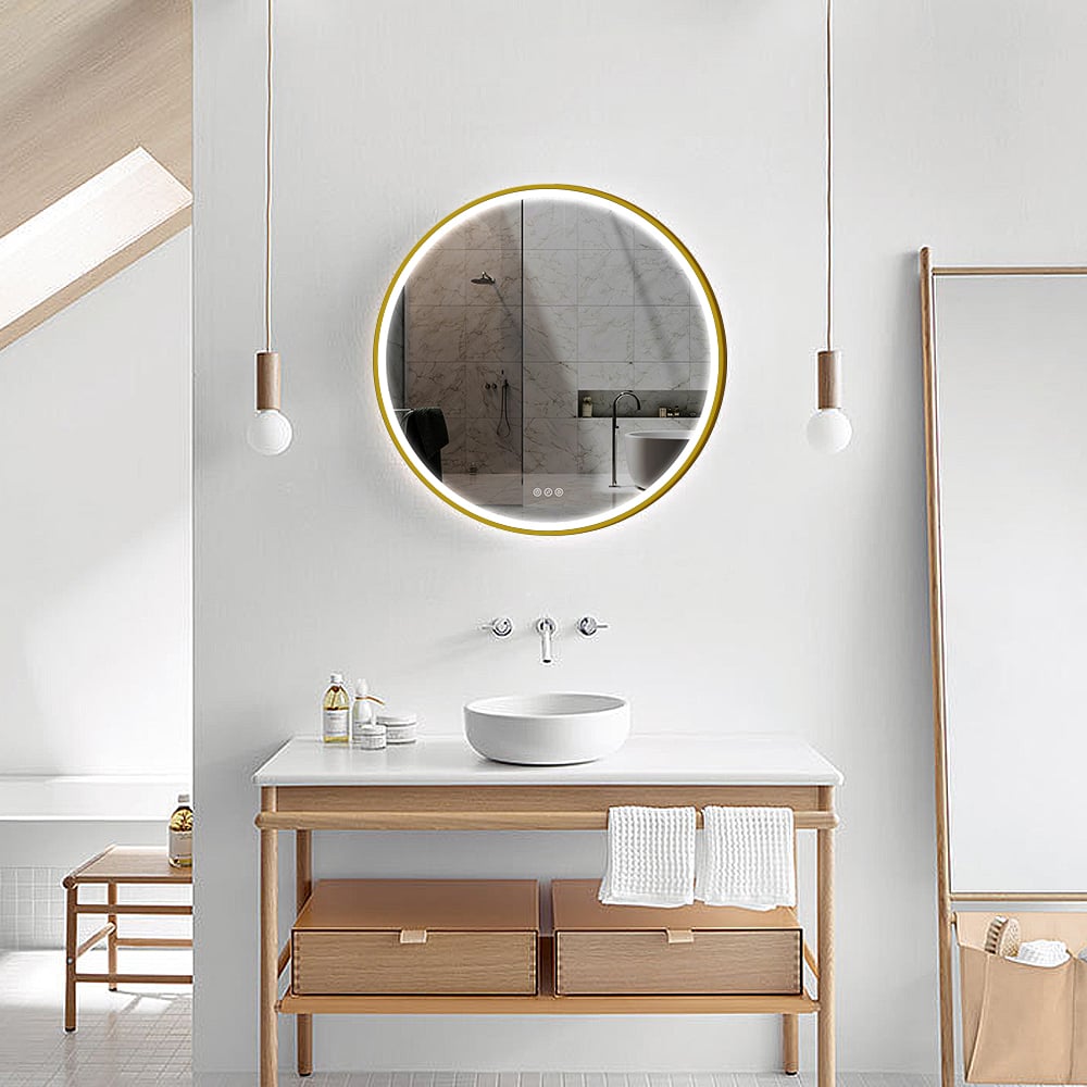20" Gold Frame Round LED Bathroom Wall Mirror Acrylic Anti-Fog window image