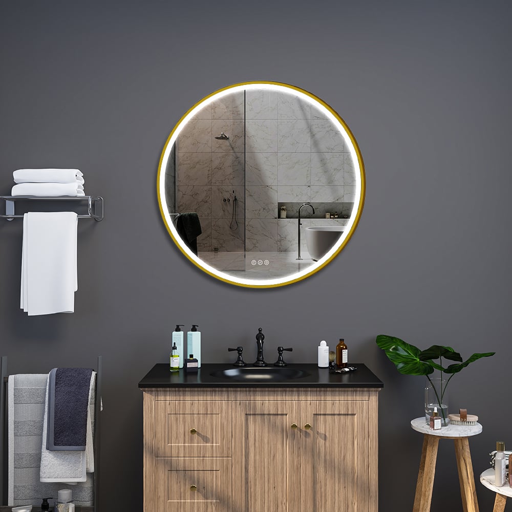 20" Gold Frame Round LED Bathroom Wall Mirror Acrylic Anti-Fog window image