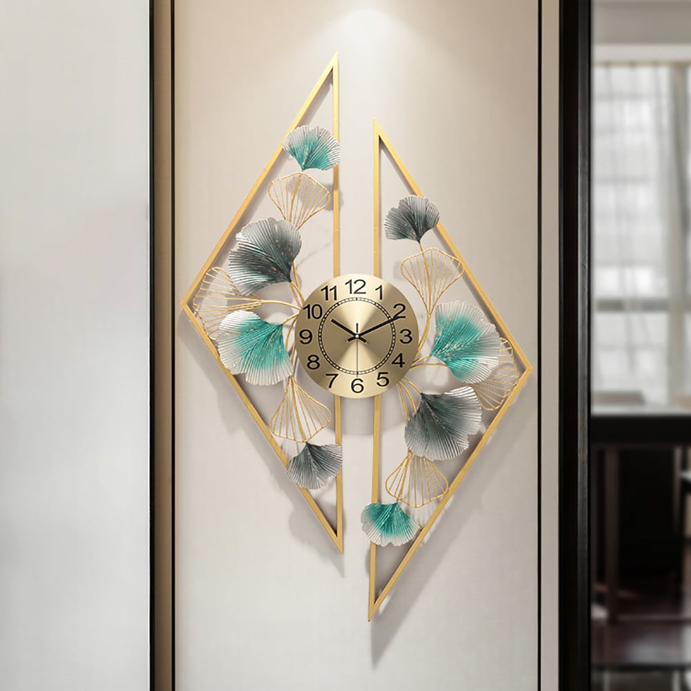 Hollow-out Ginkgo Leaf Decorative Clock Triangle & Round Metal Wall Clock window image