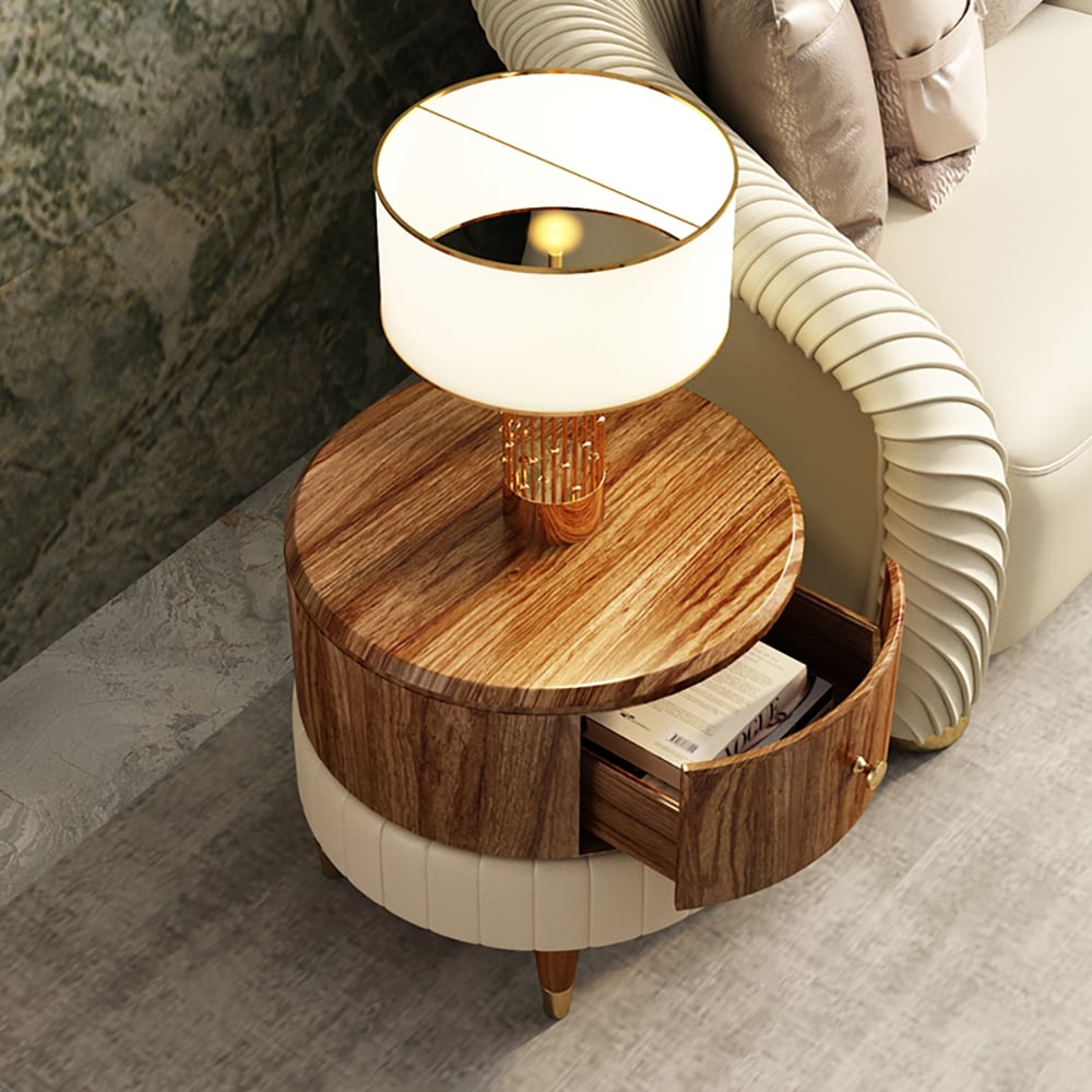 Round Wood End Table with Drawer PU Leather Upholstered Side Table window image