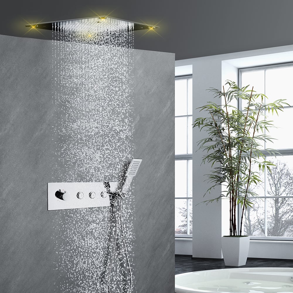 Modern Chrome LED 3-Function Shower System with Push Botton Thermostatic Diverter window image