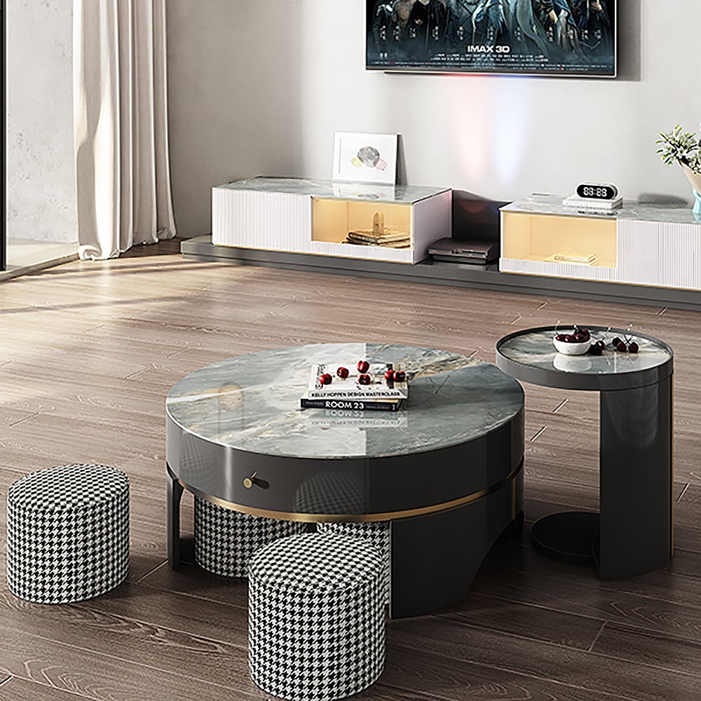 Juego de mesa de centro de almacenamiento nido moderno con tapa de piedra sinterizada con taburete, juego de 3 Imagen de ventana
