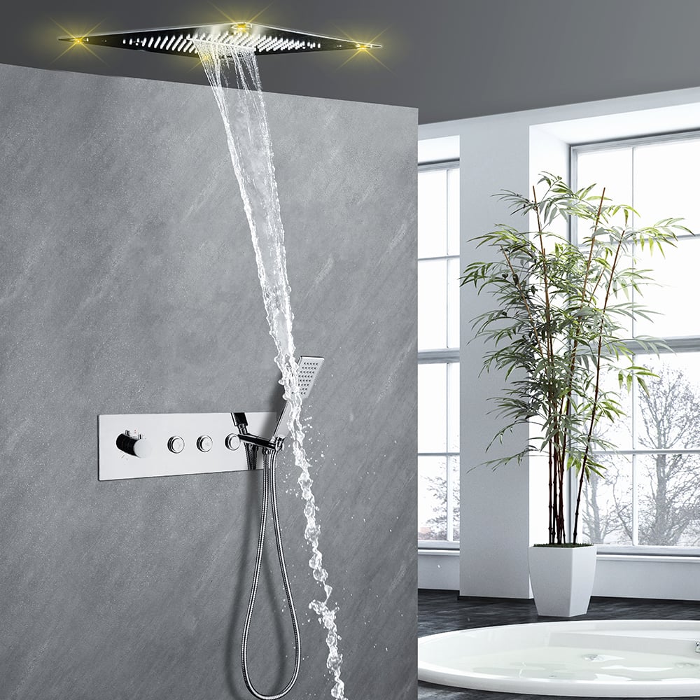 Modern Chrome LED 3-Function Shower System with Push Botton Thermostatic Diverter window image