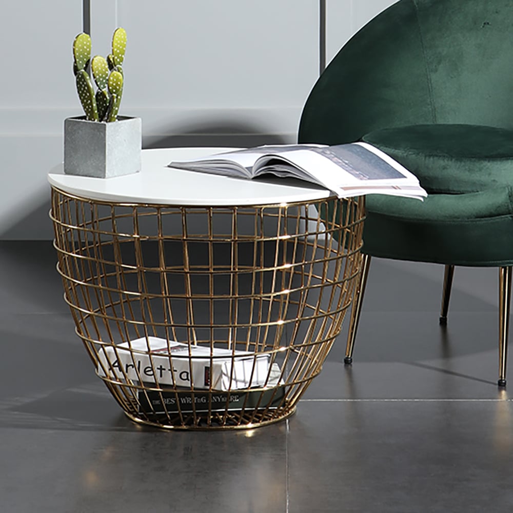 600mm Round End Table MDF Tabletop & Gold Metal Base Side Table window image