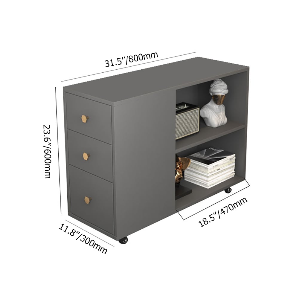 800 mm moderne diepgrijze opberg- en bijzettafel met 3 laden en planken Vensterafbeelding