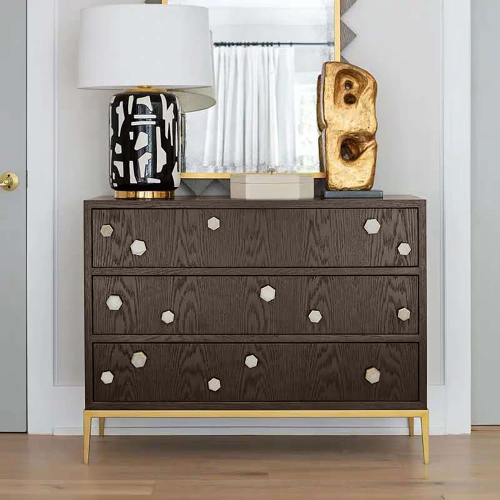 Commode marron à 3 tiroirs 1200 mm, coque hexagonale, poignées, finition dorée image de fenêtre