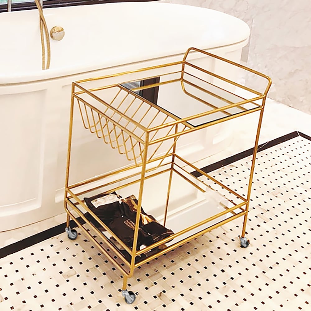 Gold Modern 2-Tier Rolling Serving Bar Cart with Wheels Mirror Tray Gold Handle window image