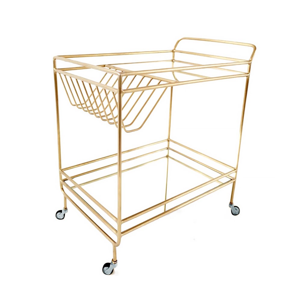Gold Modern 2-Tier Rolling Serving Bar Cart with Wheels Mirror Tray Gold Handle window image