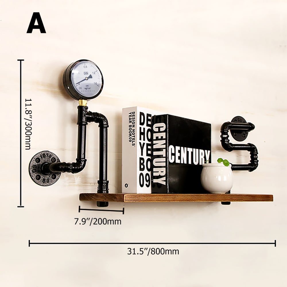 Industrial Waterpipe Wall-Mounted Shelves in Metal and Wood window image