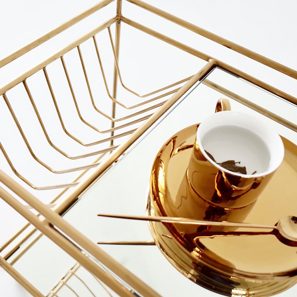 Gold Modern 2-Tier Rolling Serving Bar Cart with Wheels Mirror Tray Gold Handle window image