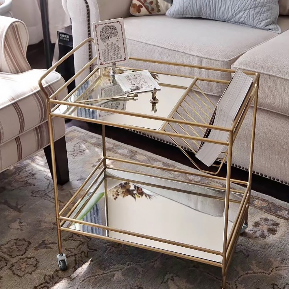 Gold Modern 2-Tier Rolling Serving Bar Cart with Wheels Mirror Tray Gold Handle window image