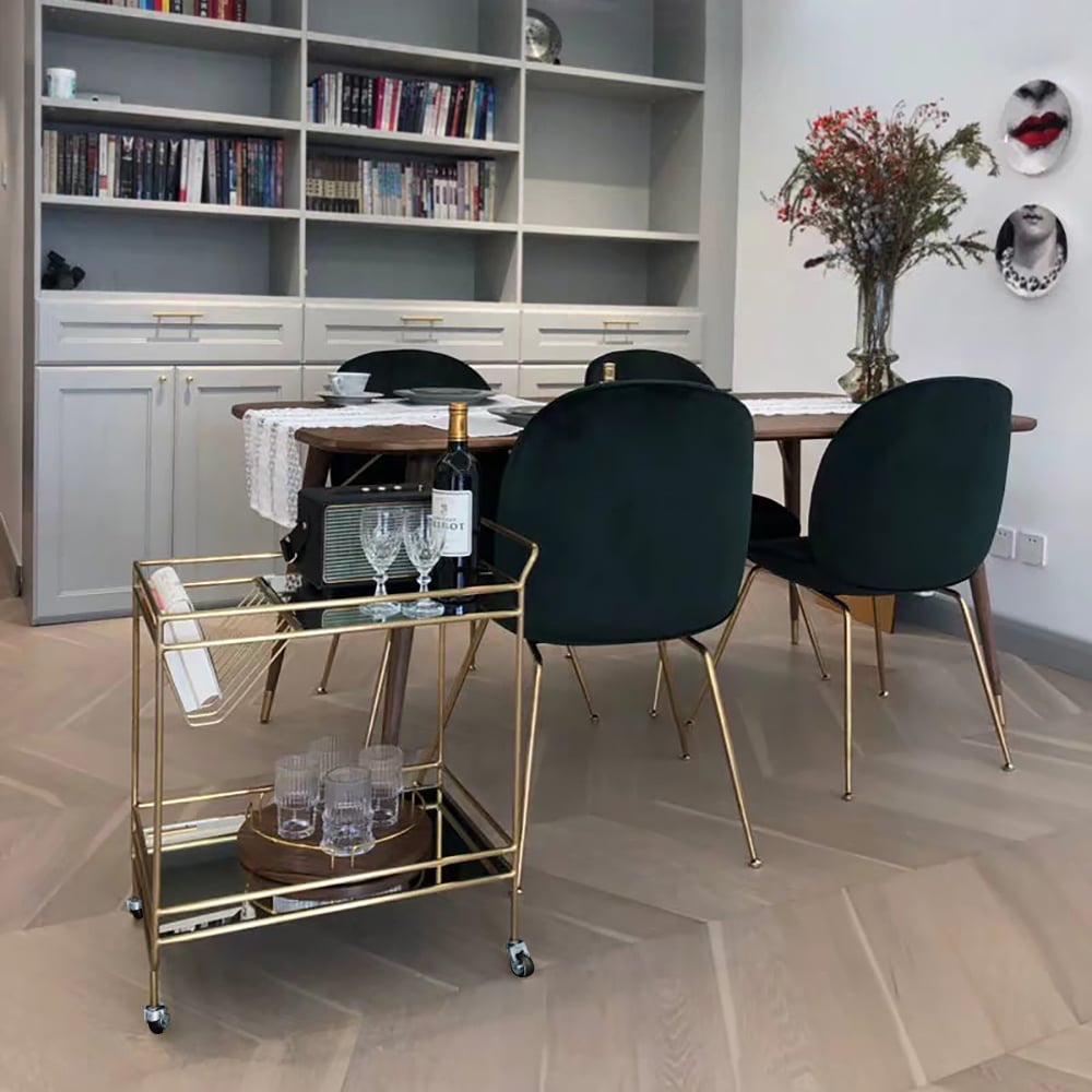 Gold Modern 2-Tier Rolling Serving Bar Cart with Wheels Mirror Tray Gold Handle window image