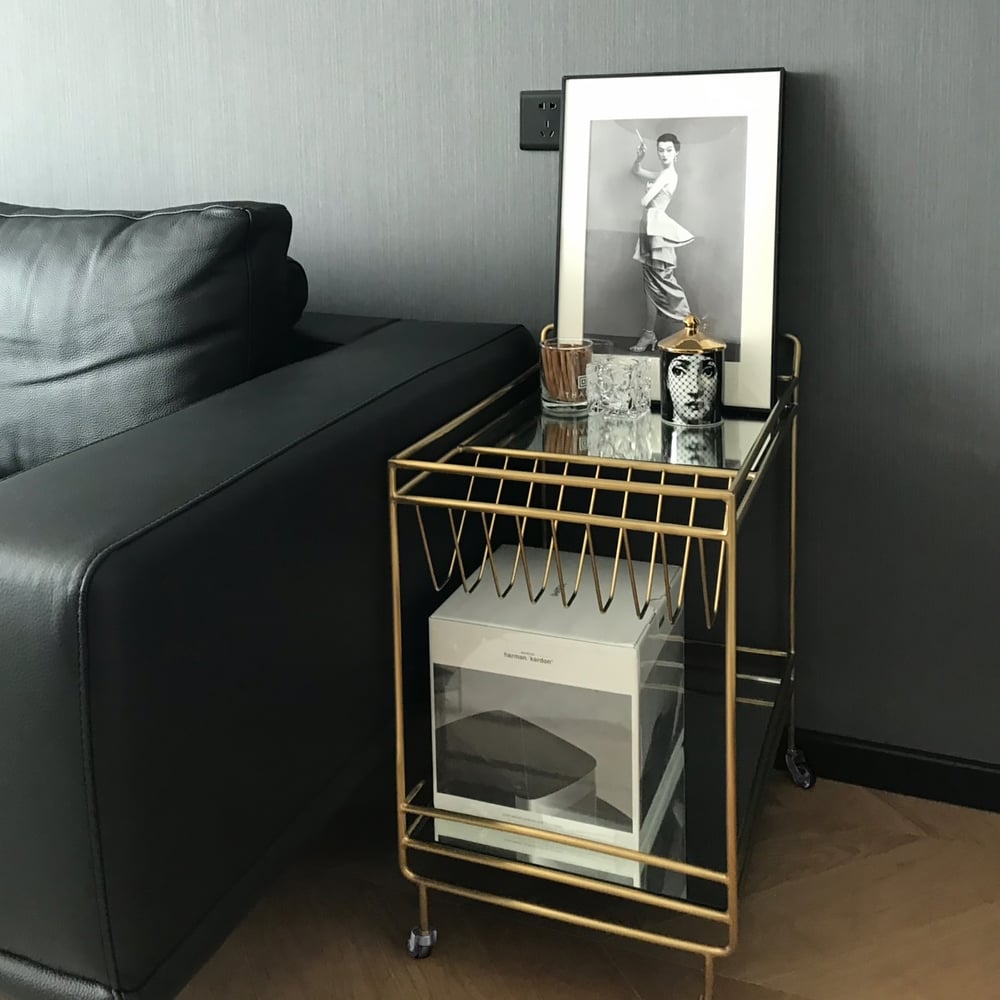 Gold Modern 2-Tier Rolling Serving Bar Cart with Wheels Mirror Tray Gold Handle window image