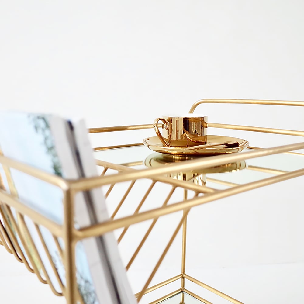 Gold Modern 2-Tier Rolling Serving Bar Cart with Wheels Mirror Tray Gold Handle window image