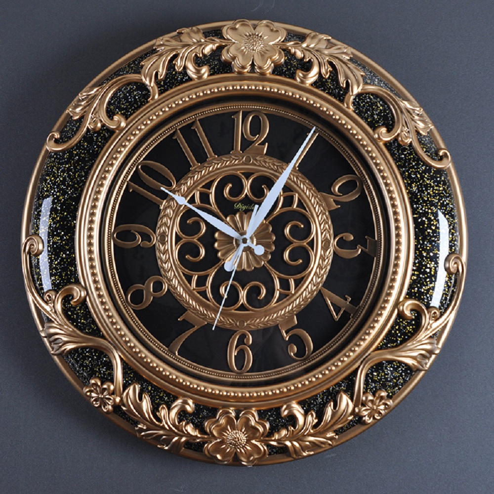 Classic European Retro Pastoral Style Carved Floral Round Large Wall Clock window image