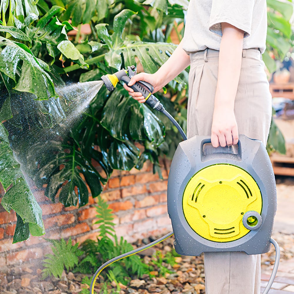 Jaune Portable Dévidoir de tuyau Mini Pulvérisateur de jardin Pistolet d'arrosage avec 7 réglages mode image de fenêtre