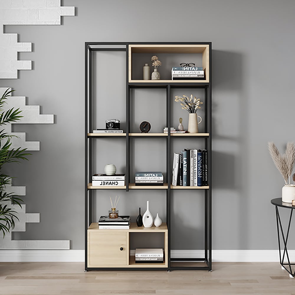 Contemporary Standing Bookshelf with Door in Black&Natural window image