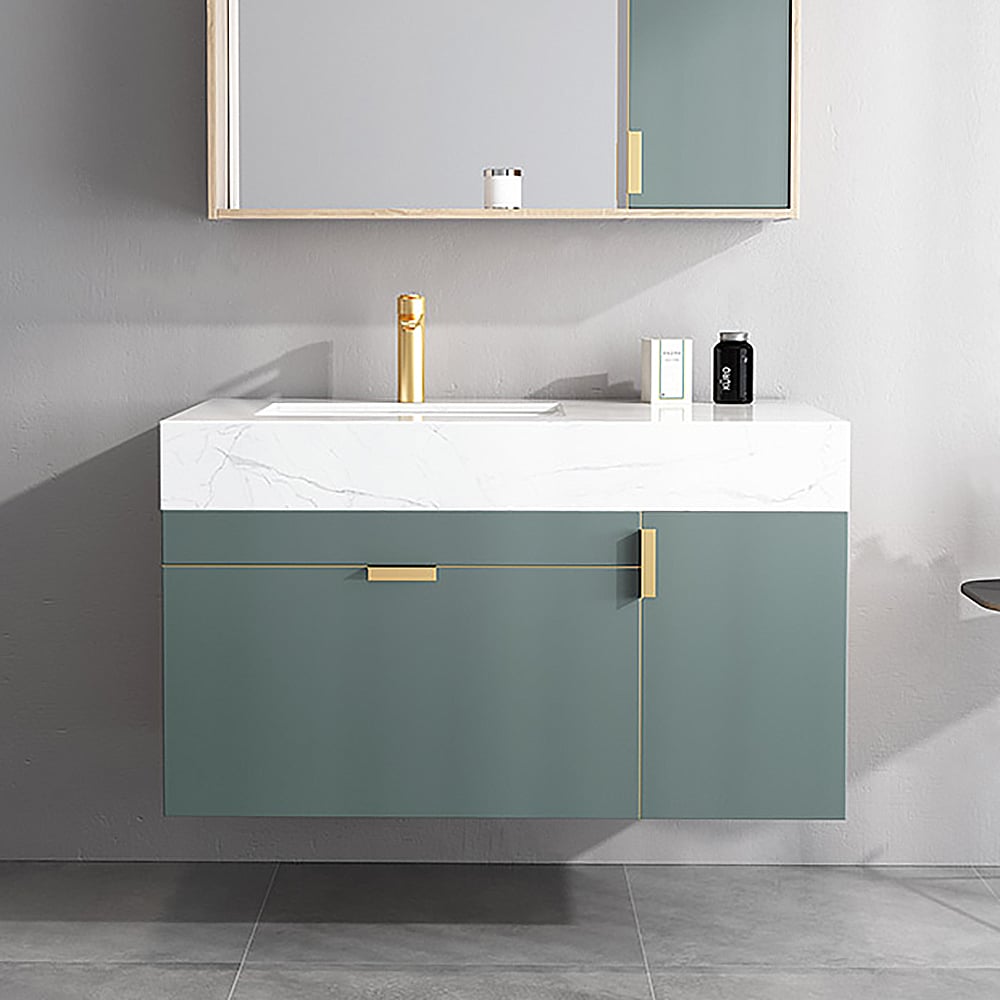 39 „groene drijvende badkamermeubel gesinterd stenen blad en keramiek onderbouw met opslag Vensterafbeelding