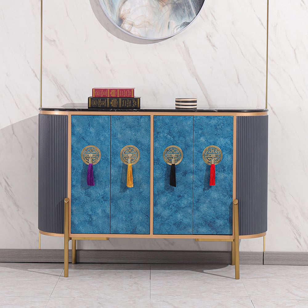 Buffet bleu et gris néochinois ovale 4 portes 4 tablettes Buffet en petit image de fenêtre