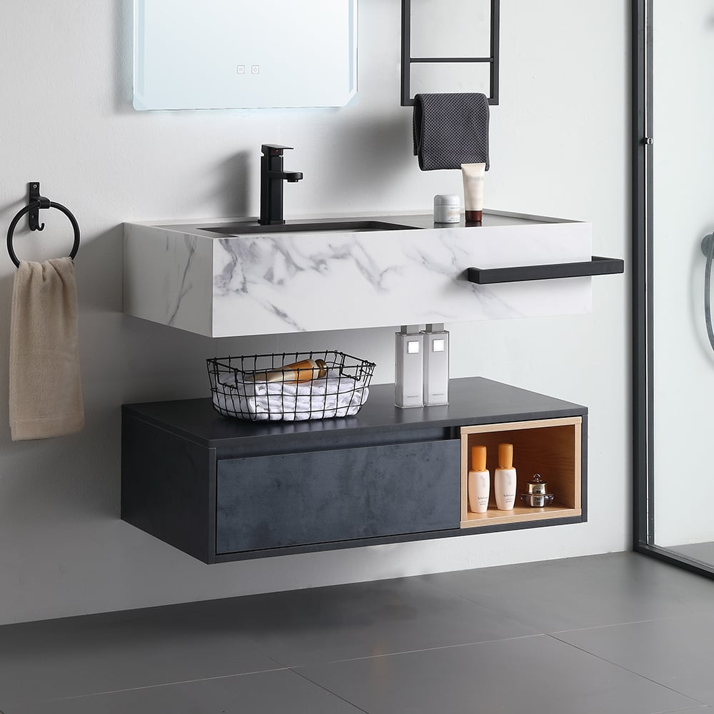 Black Floating Bathroom Vanity Faux Marble & Sintered Stone Top Ceramics Undermount Sink window image