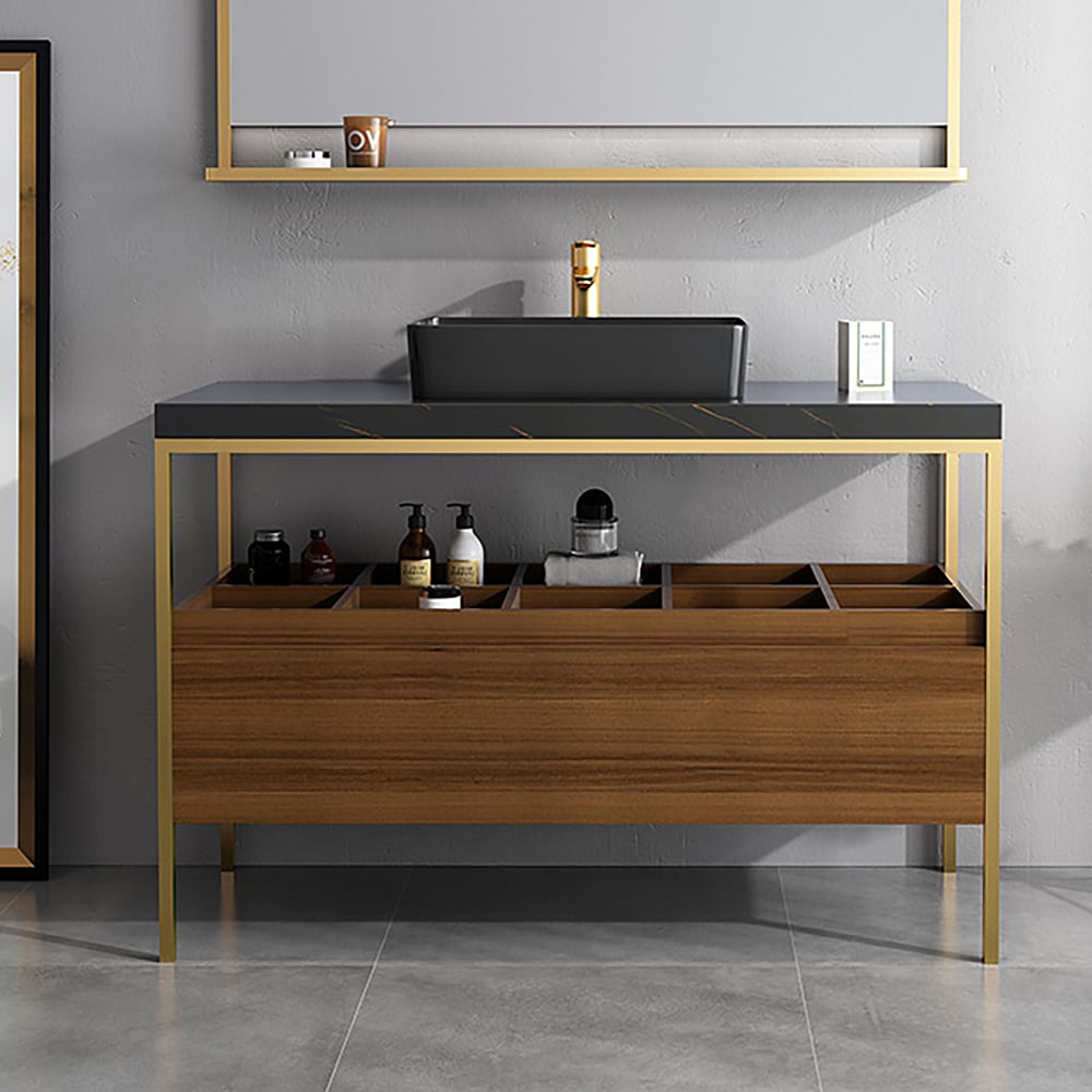 Free-Standing Walnut Bathroom Vanity Sintered Stone Top Ceramics Vessel with Storage window image