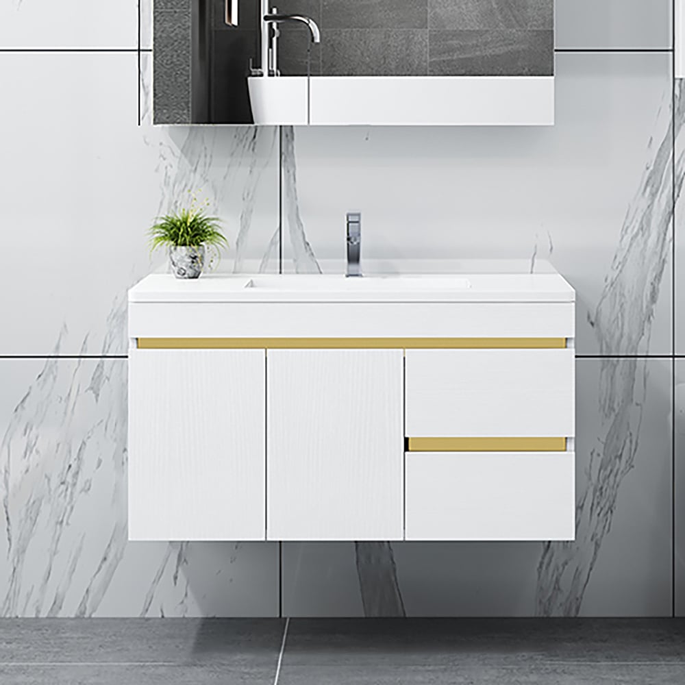 36" White Floating Bathroom Vanity Sintered Stone Top Ceramics Undermount with Storage window image