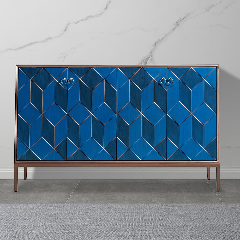 Italian Blue Buffet Cubic Outlined  Sideboard 4 Doors 4 Shelves window image